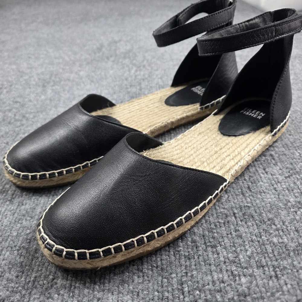 Eileen Fisher Lala Espadrille Black Gladiator Flat Sandals 11 Leather Shoes EUC‎ - Picture 2 of 8